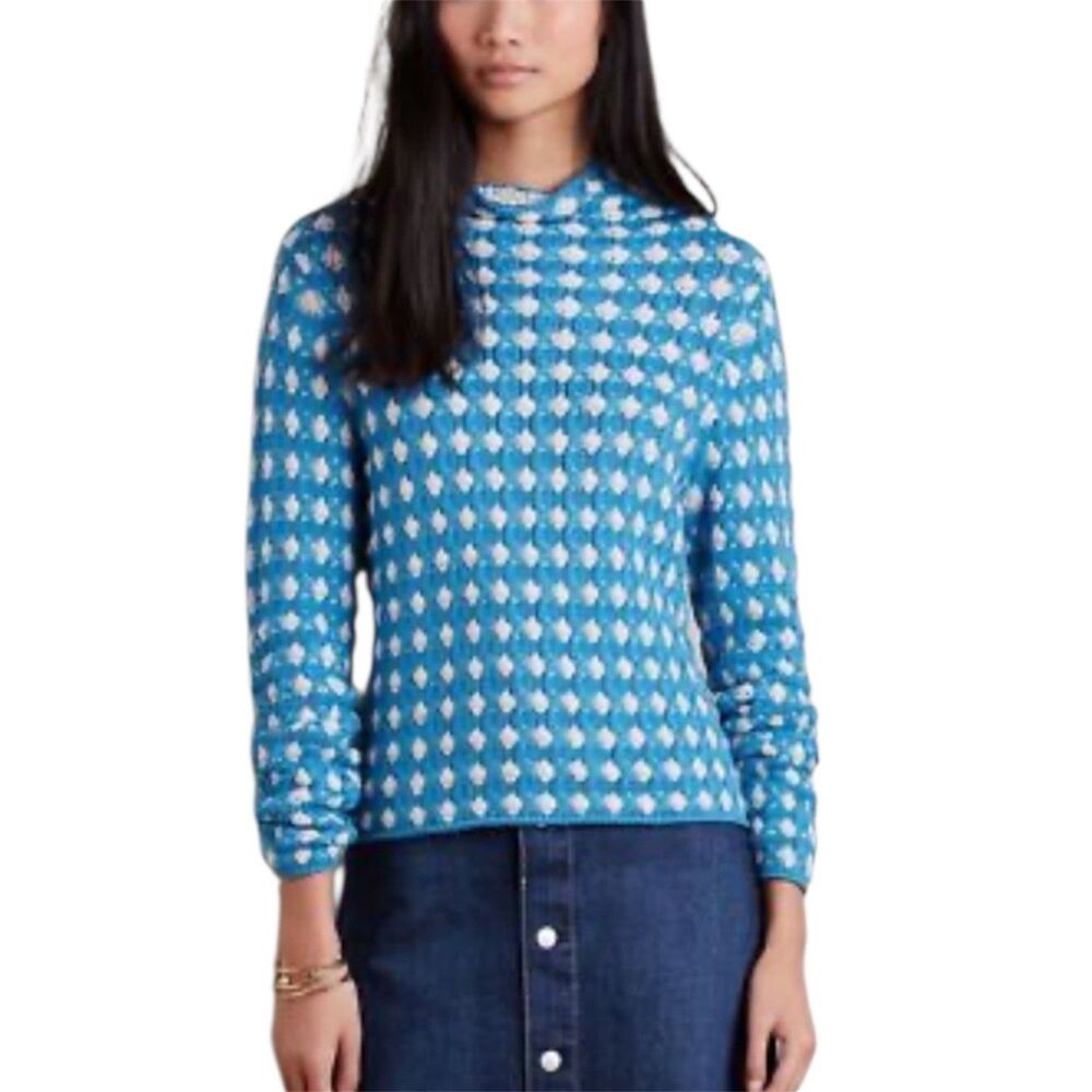 Anthropologie Sleeping on Snow Sweater S Blue Crochet Popcorn‎ Mock Neck